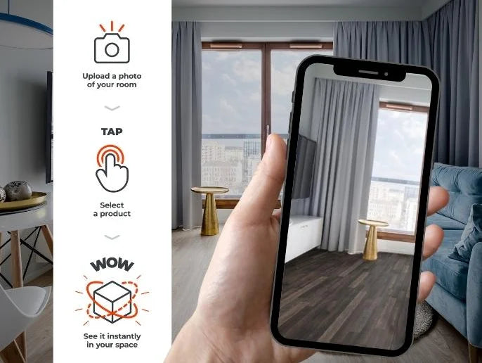Graphic representation of mocking up flooring and walling with phone in hand and some details about the feature.